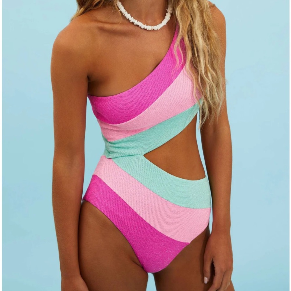 Beach Riot Pink and Mint One Shoulder Swimsuit